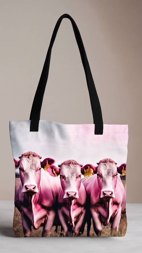 Modaya uygun bir kanvas tote çanta üzerinde pembe ineklerin desenli baskısı.