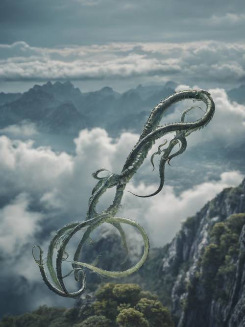 Une flotte de krakens célestes, leurs longues vrilles enroulées tombant du ciel nuageux, vues depuis un sommet de montagne solitaire.