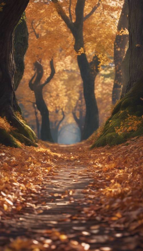 Artistic rendering of a forest path blanketed in leaves, ending at the foot of an old, gnarled tree beaming with autumn colors.