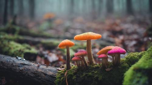 Champignons de couleur néon poussant sur une bûche en décomposition dans une forêt brumeuse.