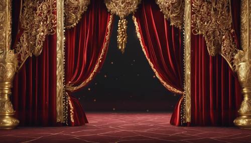 Sumptuous 3D rendering of a red velvet theatre curtain featuring intricate gold embroidery.