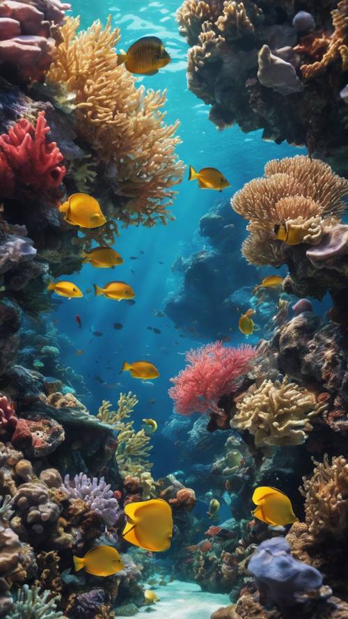 An underwater scene depicting a lively coral reef teeming with vibrant tropical fish.