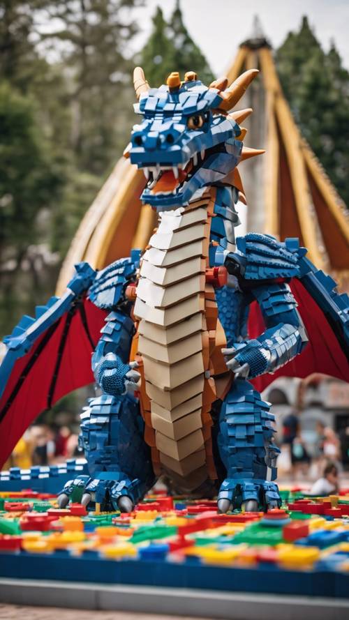 A life-sized cool dragon built of LEGO, shining at the center of a bustling theme park.