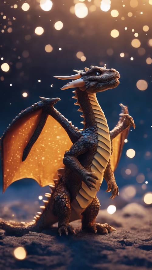 Um jovem dragão brincalhão aprendendo a voar sob um céu noturno estrelado.