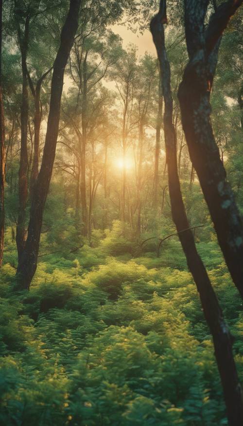 Una cartolina vintage raffigurante una foresta color smeraldo sotto la calda luce del tramonto&quot;.