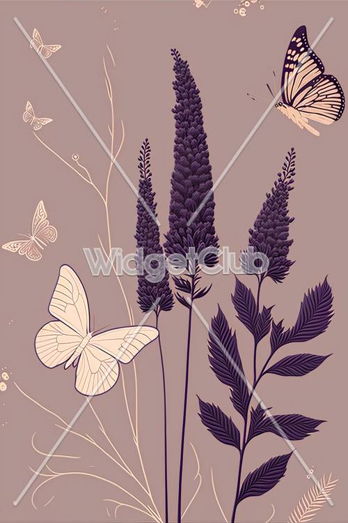 Mor Tonlarında Kelebekler ve Çiçekler