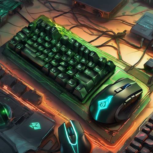 A detailed view of a green lit gaming keyboard and mouse with a colorful PC game as backdrop.