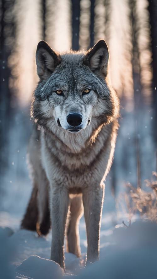 Un retrato de un lobo alfa, con su poderosa figura resaltada contra la dura tundra, bajo un sublime espectáculo de luces del norte.