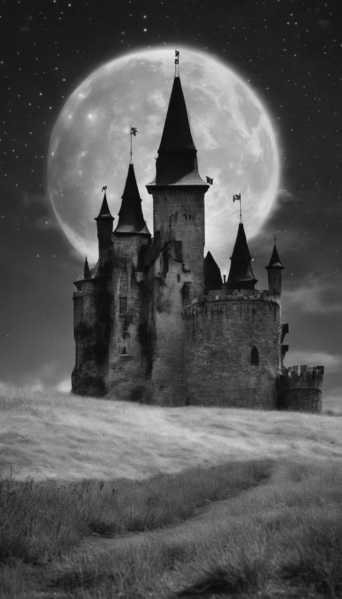 A grim, medieval castle with gothic architecture, silhouetted against a moonlit sky in black and white.