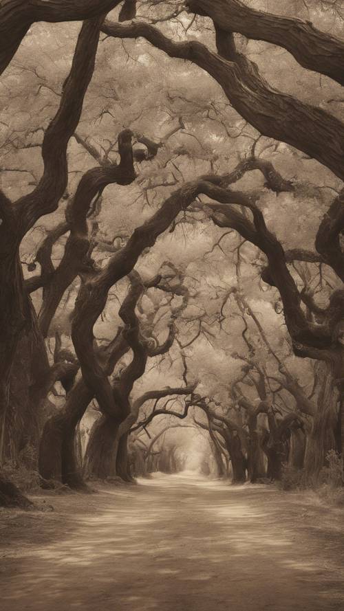 Une photographie sépia vintage d&#39;un sentier sinueux vide encadré par des arbres centenaires.