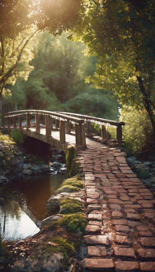 A rustic brick bridge crossing a serene babbling brook. Tapet [e58346eb5d924503a293]