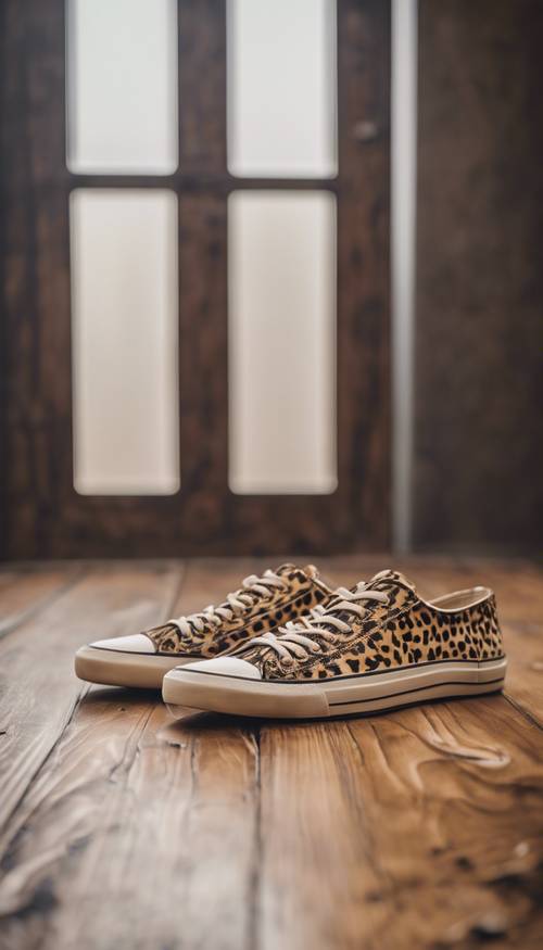 Sepasang sepatu bermotif cheetah preppy di lantai kayu antik.