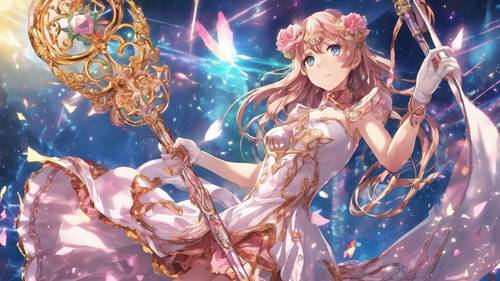 A magical girl holding an ornate staff in a beautiful and sparkling transformation sequence Tapeta [f0db22febc594164ab24]