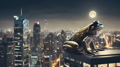 Imagen surrealista de una rana gigante encaramada en lo alto de un rascacielos en una bulliciosa ciudad bajo la luz de la luna.