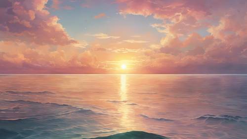 Uma linda pintura de um nascer do sol sobre um mar calmo, um tom suave de cores perfeitamente combinado com uma poderosa citação de anime.