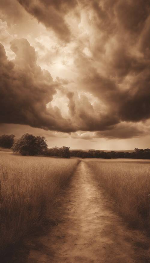 A sepia-toned landscape underneath a dramatic sky filled with voluminous brown clouds. Tapet [100829ae20b34133a34d]