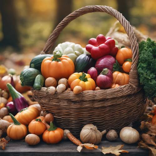 Illustration of a bountiful harvest of autumn vegetables gathered in a rustic wicker basket. Tapeta [f00a56a5cec84c8daf0c]