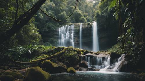 A majestic waterfall cascading down a rocky cliff in a dense rainforest.