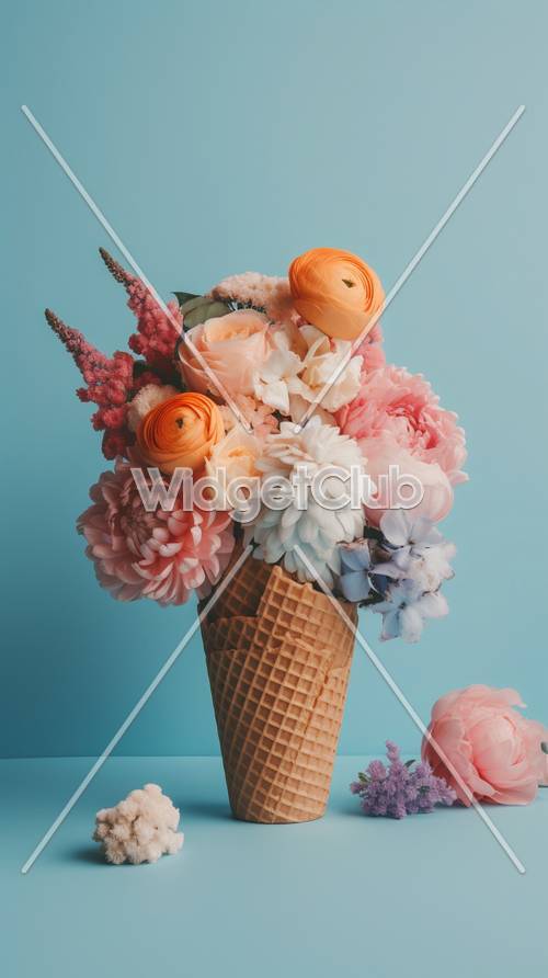 Colorful Flowers in an Ice Cream Cone on Blue Background
