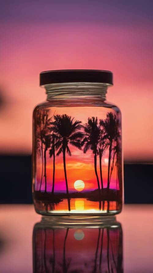 The reflection of a vibrant sunset captured in a jar of high-shine lip gloss.