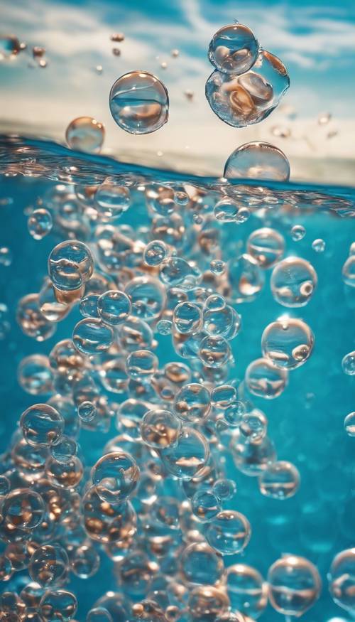 Um padrão perfeito de bolhas subindo das profundezas de um oceano azul claro.