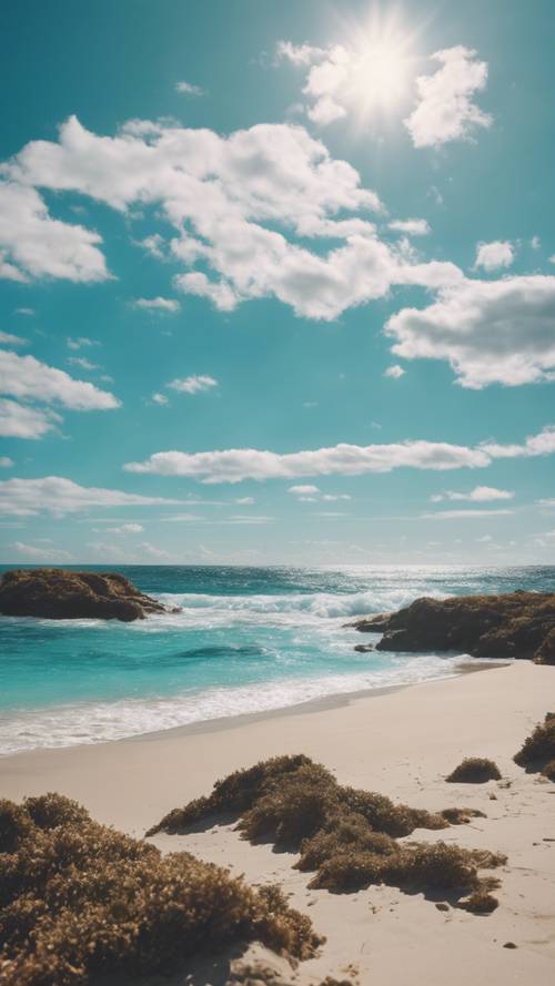 Ein malerischer Anblick eines ruhigen türkisfarbenen Ozeans, der an einem sonnigen Tag auf den blauen Himmel trifft.
