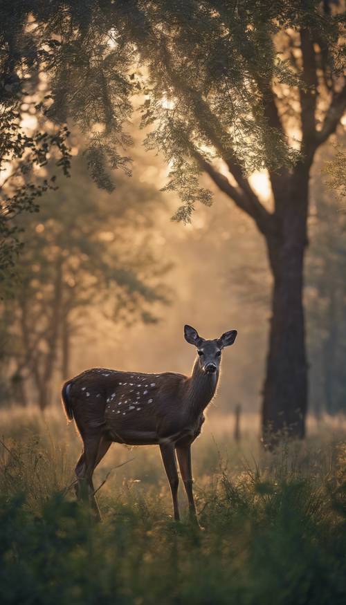 黃昏時分，鹿在一片寧靜的草地上吃草，就在巨大的黑暗森林的邊緣。