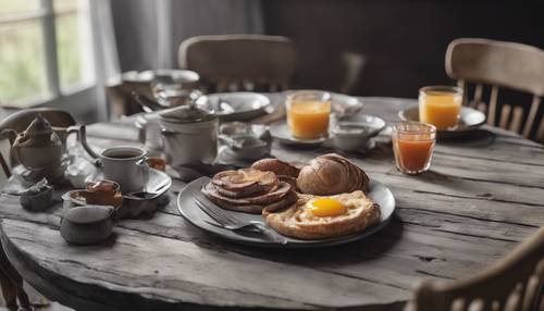 Uma mesa de madeira cinza posta com um café da manhã rústico e campestre.
