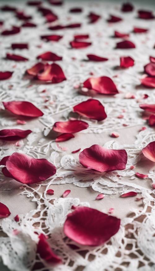 美丽的复古玫瑰花瓣不对称地散落在白色蕾丝桌布上。