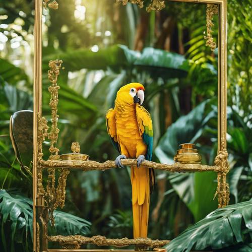Seekor burung beo emas bermain dengan cermin berkilau di hutan hijau yang subur.