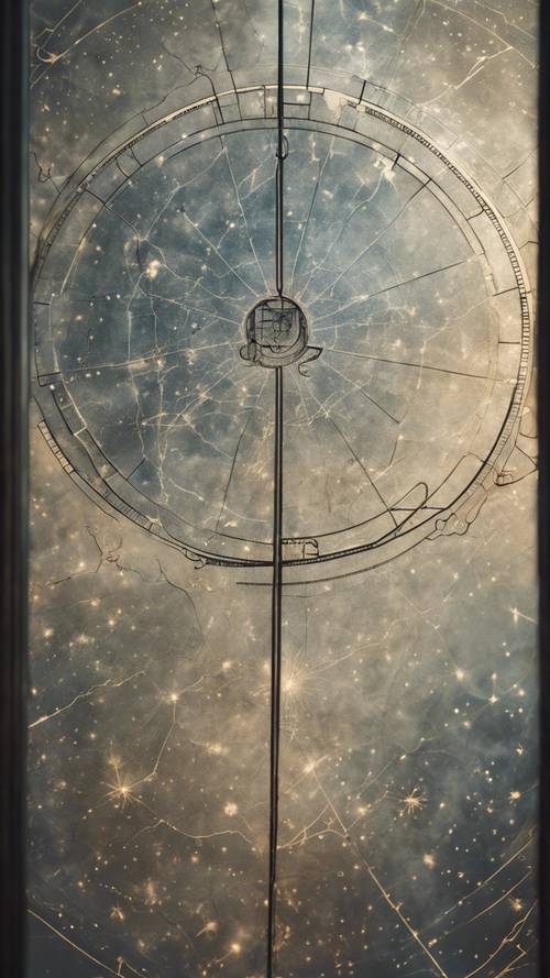 Un mapa de la constelación de Virgo grabado en una ventana de cristal polvoriento de un antiguo observatorio astronómico.