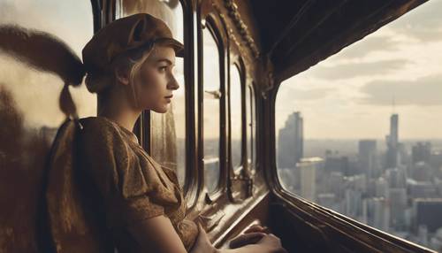 빈티지 세일러복을 입은 현대 소녀가 오래된 증기 기관차 창밖으로 현대 도시 스카이라인을 바라보고 있습니다.