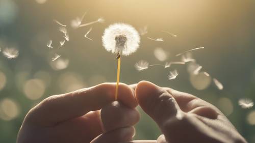 Une main ouverte libérant des graines de pissenlit dans le vent, les mots « Il y a plus de bonheur à donner qu&#39;à recevoir » flottant avec eux.