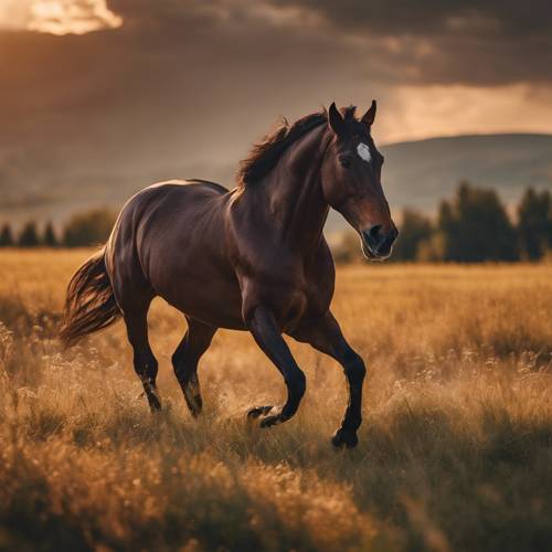 Un caballo marrón oscuro galopando libremente con el telón de fondo de una puesta de sol en un prado salvaje.