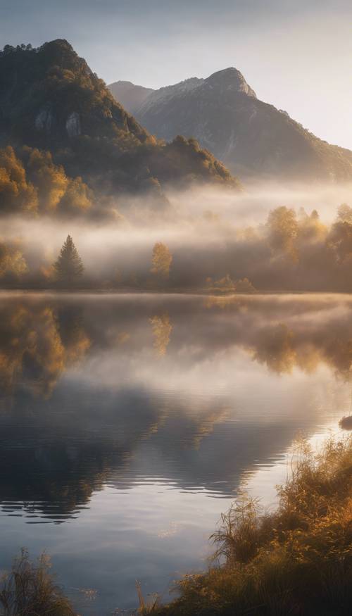 An enchanting mountain scene at sunrise, with a thin mist hovering above a tranquil lake. Tapéta [d3ee2ca37d954549a3f2]