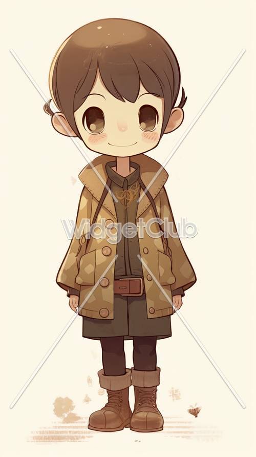 可愛らしいアニメの少年が暖かいコートを着ている絵を使った壁紙