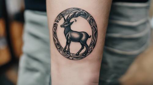 Un tatuaggio fotorealistico del simbolo del Capricorno sul polso, una dichiarazione di dedizione al proprio segno zodiacale.
