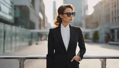 Eine selbstbewusste Geschäftsfrau in einem eleganten schwarzen Anzug, in einer Hand eine Brille haltend.