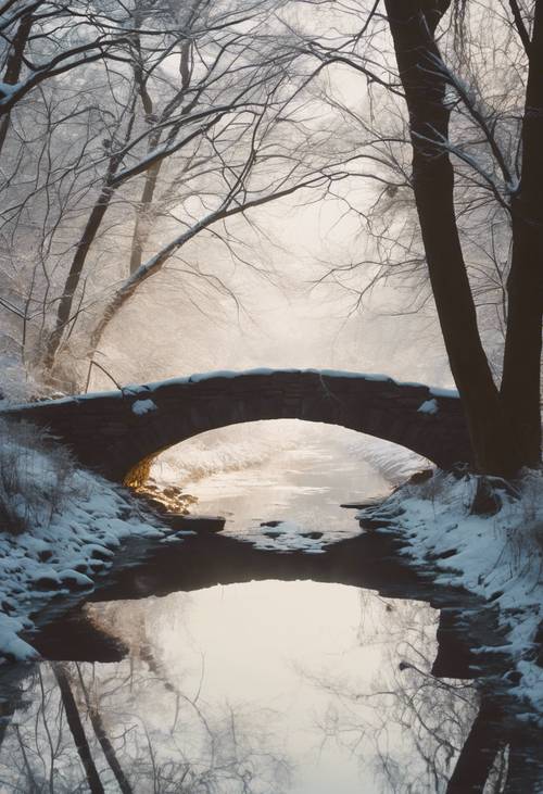 Kış aylarında sakin bir ormandaki eski bir taş köprünün silueti.