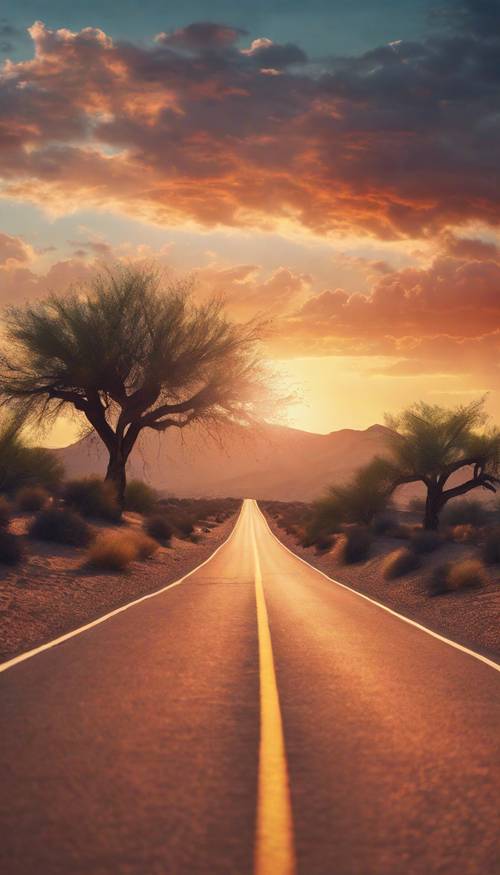 A narrow, wind swept desert road leading into a vibrant sunrise.