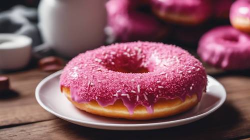 A dark pink, sugar-coated donut on a white ceramic plate on a wooden kitchen table.