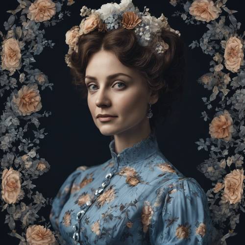 Eine Frau aus der viktorianischen Zeit trägt ein blaues Blumenkleid vor einem schwarzen Hintergrund.