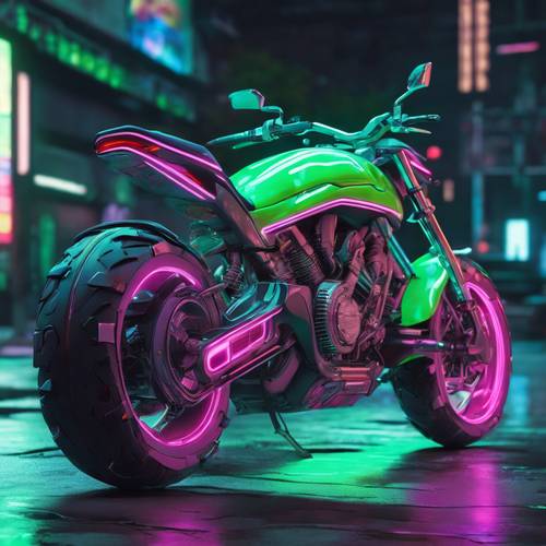 Uma motocicleta de alta tecnologia brilhando com energia verde, estacionada em uma rua urbana deserta.