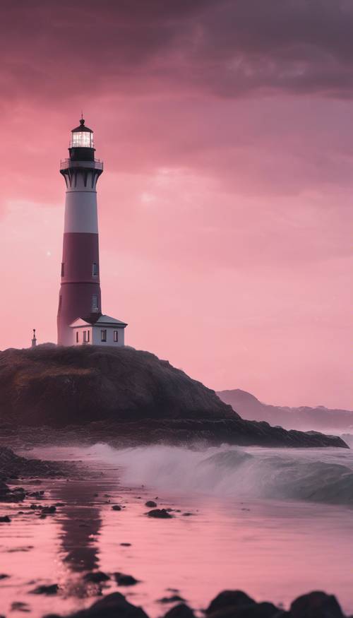 A lone lighthouse emitting a comforting light pink aura.