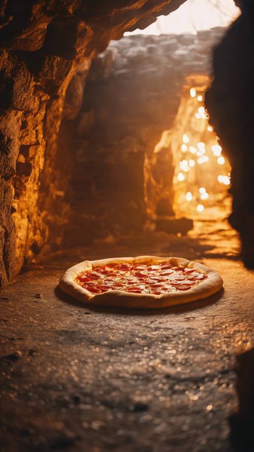 A round pizza cave lit up with golden light in a fantastical pizza mine.