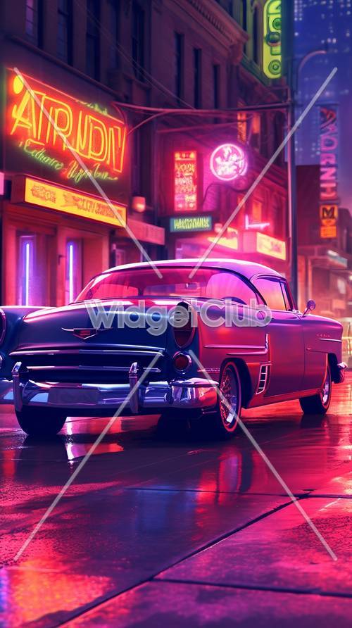 ليالي النيون في المدينة مع السيارة الكلاسيكية