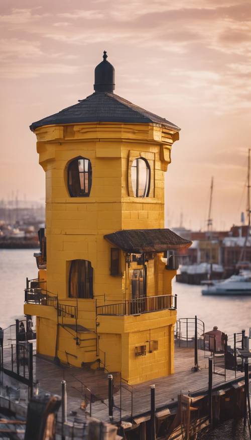 برج مراقبة نابض بالحياة من الطوب الأصفر يطل على ميناء صاخب عند الفجر.