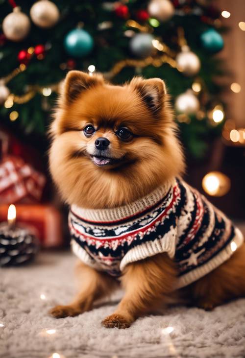 Un soffice cane volpino di Pomerania marrone che indossa un maglione Y2K, sdraiato accanto al fuoco e circondato da decorazioni natalizie.