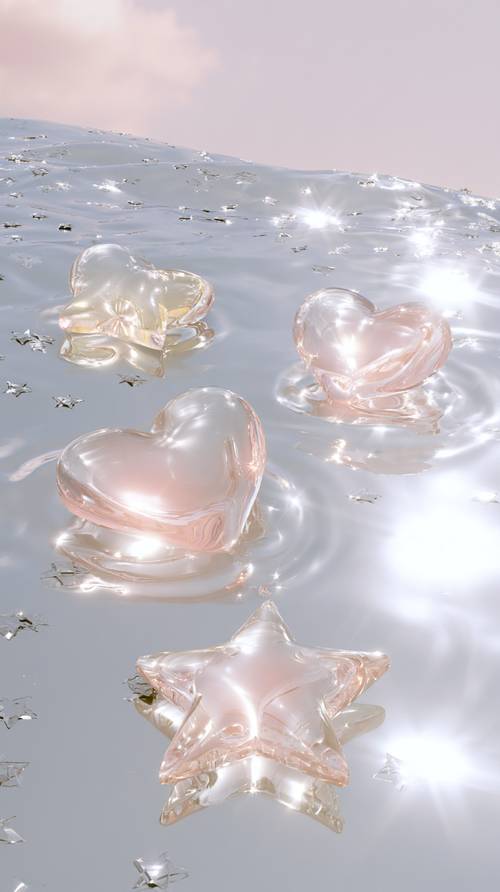 Shiny Pink Hearts and Stars Floating on Water کاغذ دیواری [7ca4967135d8431a9e36]