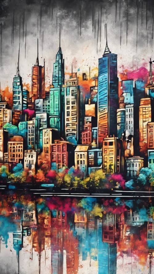 Um horizonte urbano pintado em estilo grafite em uma parede de concreto.